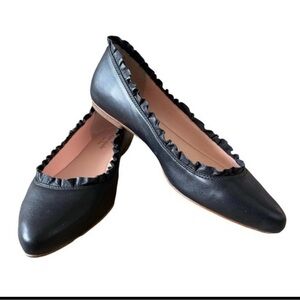 Kate Spade Nicole Black Leather Pointed-Toe Ruffled Ballet Flats.